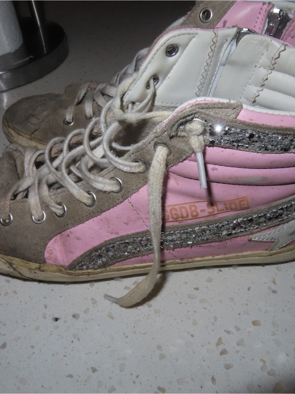 Golden Goose GDB-Slide Pink, White & Silver High-Top Sneakers